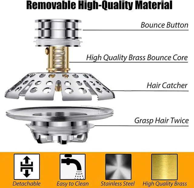 Alt view image 5 of 7 - Bathtub Drain Stopper, Pop Up Tub Stopper with Hair Catcher, Bathtub Plug and Cover with Strainer, Universal for 1.5 to 1.8in Tub Drain