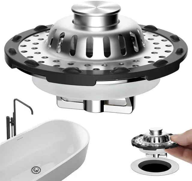 Main image of Universal Bathtub Drain Stopper Shower Drain Hair Catcher, Tub Stopper with Visible Top Strainer, Upgraded 3 in 1 Pop-up Drain Plug Fit for 1.5 to 2.4" Hole, Stainless Steel Filter Basket, Chrome