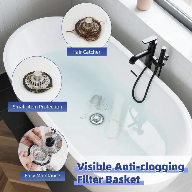 Alt view image 2 of 7 - Universal Bathtub Drain Stopper Shower Drain Hair Catcher, Tub Stopper with Visible Top Strainer, Upgraded 3 in 1 Pop-up Drain Plug Fit for 1.5 to 2.4" Hole, Stainless Steel Filter Basket, Chrome