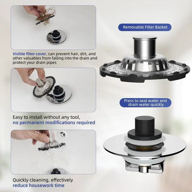 Alt view image 4 of 7 - Universal Bathtub Drain Stopper Shower Drain Hair Catcher, Tub Stopper with Visible Top Strainer, Upgraded 3 in 1 Pop-up Drain Plug Fit for 1.5 to 2.4" Hole, Stainless Steel Filter Basket, Chrome