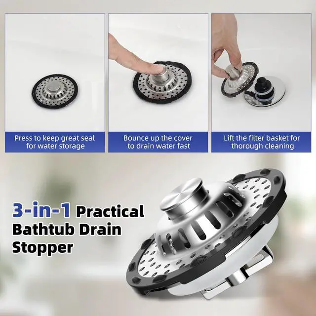 Alt view image 5 of 7 - Universal Bathtub Drain Stopper Shower Drain Hair Catcher, Tub Stopper with Visible Top Strainer, Upgraded 3 in 1 Pop-up Drain Plug Fit for 1.5 to 2.4" Hole, Stainless Steel Filter Basket, Chrome