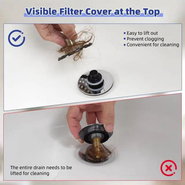 Alt view image 3 of 7 - Universal Bathtub Drain Stopper Shower Drain Hair Catcher, Tub Stopper with Visible Top Strainer, Upgraded 3 in 1 Pop-up Drain Plug Fit for 1.5 to 2.4" Hole, Stainless Steel Filter Basket, Chrome