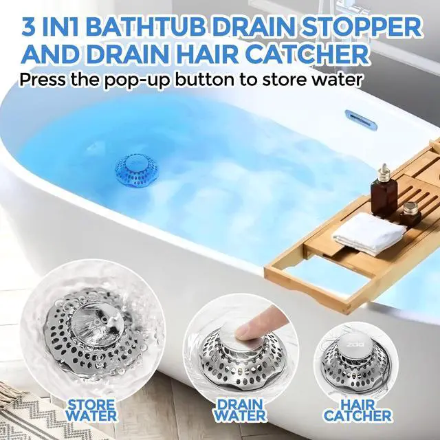 Alt view image 2 of 7 - Bathtub Drain Stopper, Upgraded 2in1 Tub Stopper Bathtub Drain Cover and Hair Catcher, Pop Up Bathtub Drain Plug, Replaces Lift & Turn, Tip-Toe or Trip Lever, for 1.46-2" W Drain Hole, Silver