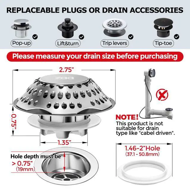 Alt view image 3 of 7 - Bathtub Drain Stopper, Upgraded 2in1 Tub Stopper Bathtub Drain Cover and Hair Catcher, Pop Up Bathtub Drain Plug, Replaces Lift & Turn, Tip-Toe or Trip Lever, for 1.46-2" W Drain Hole, Silver