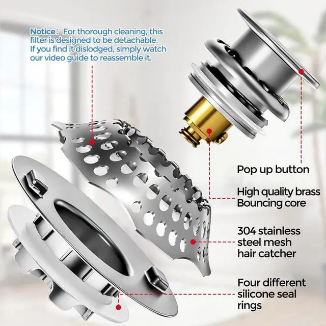 Alt view image 4 of 7 - Bathtub Drain Stopper, Upgraded 2in1 Tub Stopper Bathtub Drain Cover and Hair Catcher, Pop Up Bathtub Drain Plug, Replaces Lift & Turn, Tip-Toe or Trip Lever, for 1.46-2" W Drain Hole, Silver
