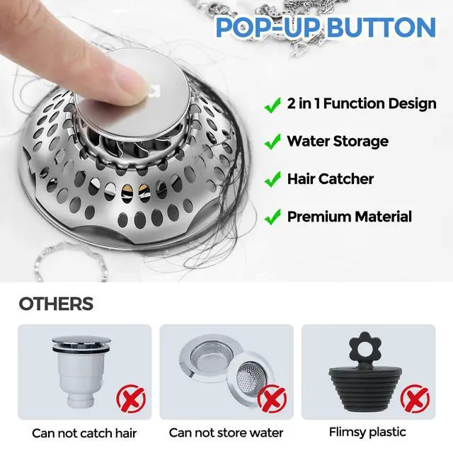 Alt view image 5 of 7 - Bathtub Drain Stopper, Upgraded 2in1 Tub Stopper Bathtub Drain Cover and Hair Catcher, Pop Up Bathtub Drain Plug, Replaces Lift & Turn, Tip-Toe or Trip Lever, for 1.46-2" W Drain Hole, Silver