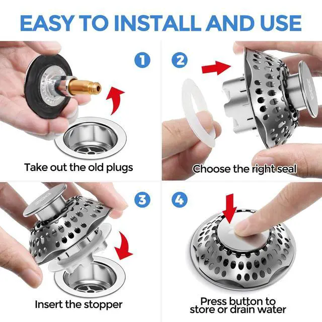 Alt view image 6 of 7 - Bathtub Drain Stopper, Upgraded 2in1 Tub Stopper Bathtub Drain Cover and Hair Catcher, Pop Up Bathtub Drain Plug, Replaces Lift & Turn, Tip-Toe or Trip Lever, for 1.46-2" W Drain Hole, Silver