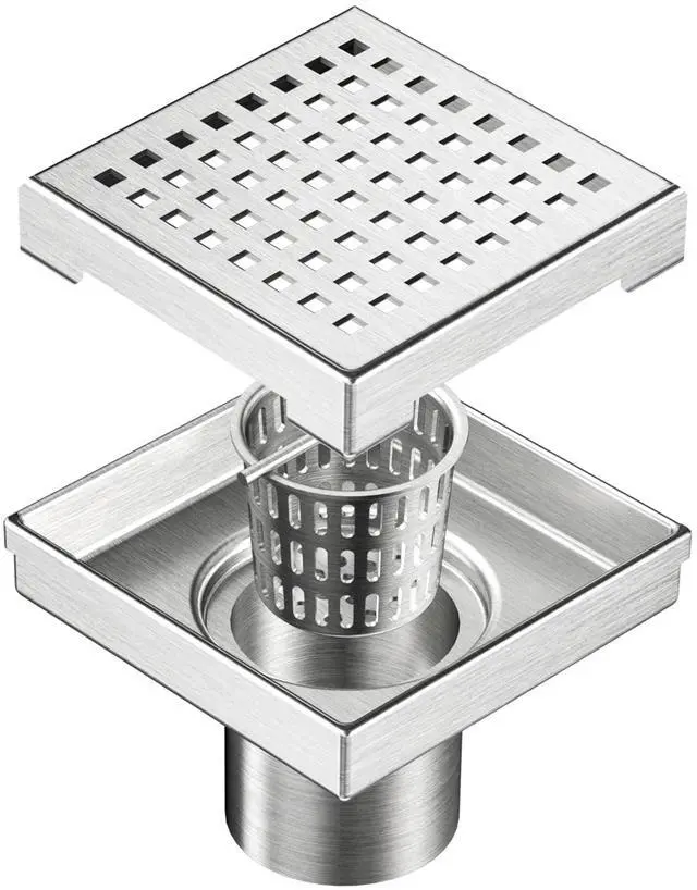 Main image of Square Shower Drain with Removable Quadrato Pattern Grate, Brushed 304 Stainless Steel Square Drain for Bathroom, with Hair Strainer and Lifting Hook,CUPC Certified (Brushed Nickel, 4 in)