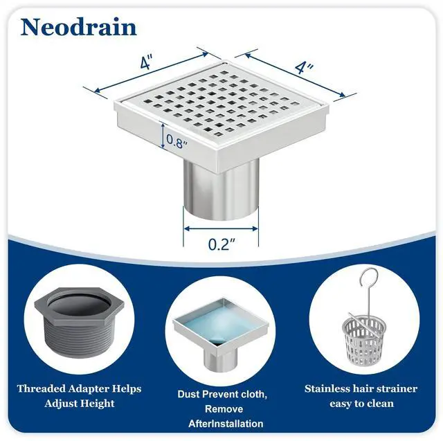 Alt view image 2 of 7 - Square Shower Drain with Removable Quadrato Pattern Grate, Brushed 304 Stainless Steel Square Drain for Bathroom, with Hair Strainer and Lifting Hook,CUPC Certified (Brushed Nickel, 4 in)