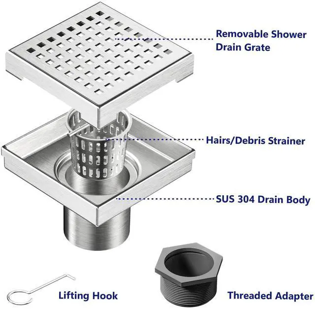 Alt view image 3 of 7 - Square Shower Drain with Removable Quadrato Pattern Grate, Brushed 304 Stainless Steel Square Drain for Bathroom, with Hair Strainer and Lifting Hook,CUPC Certified (Brushed Nickel, 4 in)