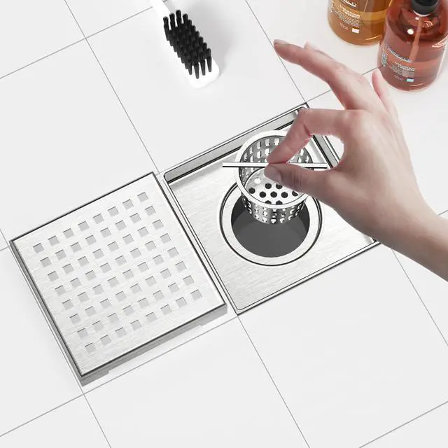 Alt view image 6 of 7 - Square Shower Drain with Removable Quadrato Pattern Grate, Brushed 304 Stainless Steel Square Drain for Bathroom, with Hair Strainer and Lifting Hook,CUPC Certified (Brushed Nickel, 4 in)