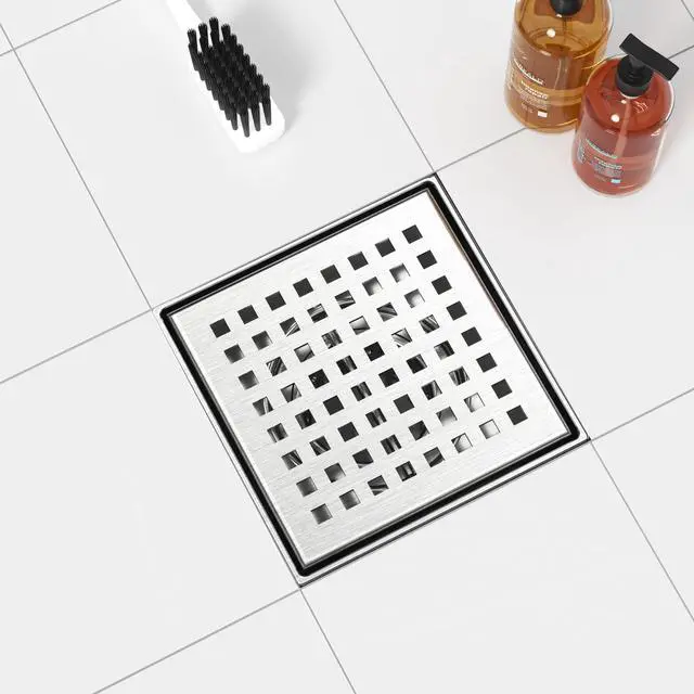 Alt view image 5 of 7 - Square Shower Drain with Removable Quadrato Pattern Grate, Brushed 304 Stainless Steel Square Drain for Bathroom, with Hair Strainer and Lifting Hook,CUPC Certified (Brushed Nickel, 4 in)