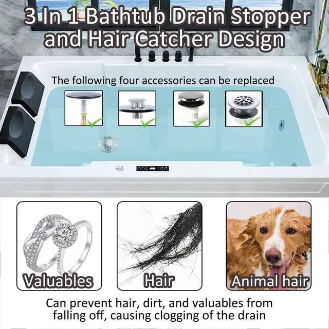 Alt view image 2 of 7 - Universal Tub Stopper Bathtub Drain Plug, Pop Up Tub Drain Hair Catcher, Drain Cover with Strainer, for 1-3/8 to 2in Bath Drain Hole