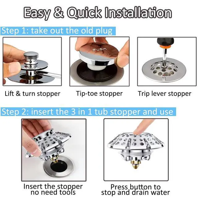 Alt view image 3 of 7 - Universal Tub Stopper Bathtub Drain Plug, Pop Up Tub Drain Hair Catcher, Drain Cover with Strainer, for 1-3/8 to 2in Bath Drain Hole