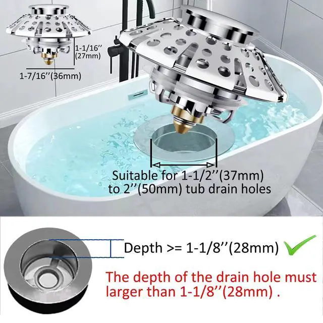 Alt view image 4 of 7 - Universal Tub Stopper Bathtub Drain Plug, Pop Up Tub Drain Hair Catcher, Drain Cover with Strainer, for 1-3/8 to 2in Bath Drain Hole