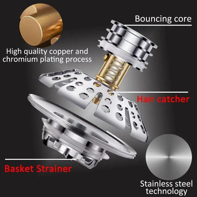 Alt view image 6 of 7 - Universal Tub Stopper Bathtub Drain Plug, Pop Up Tub Drain Hair Catcher, Drain Cover with Strainer, for 1-3/8 to 2in Bath Drain Hole