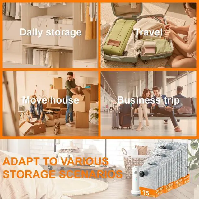 Alt view image 6 of 6 - Space Saver Vacuum Storage Bags with Electric Pump,15 Pack 3 Sizes Reusable Compression Bags,Airtight Leak-Proof Seal for Clothes Comforters Blankets Bedding,Closet Organizer for Home & Travel