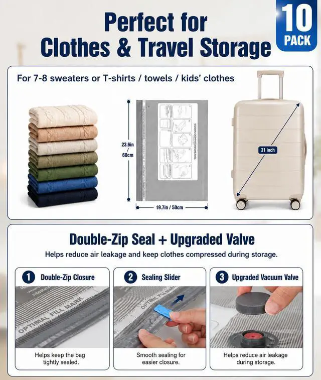Alt view image 3 of 7 - Vacuum Storage Bags, 10 Small Space Saver Bags with Hand Pump 80% Space Saver Vacuum Seal Bags Vacuum Seal Compression Bags for Clothes, Travel Luggage, Closet, Dorm, Moving