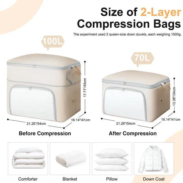 Alt view image 2 of 7 - Bag Large Capacity Blanket Storage Bags Front-opening Ultra Space Saving Self Compression Organizer, Washable Compression Bags for Storage Comforter Blanket, 1 Pack, Beige