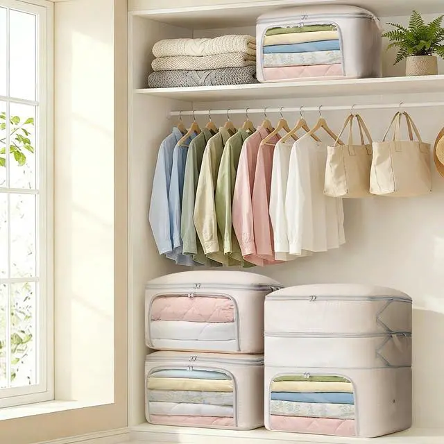 Alt view image 5 of 7 - Bag Large Capacity Blanket Storage Bags Front-opening Ultra Space Saving Self Compression Organizer, Washable Compression Bags for Storage Comforter Blanket, 1 Pack, Beige