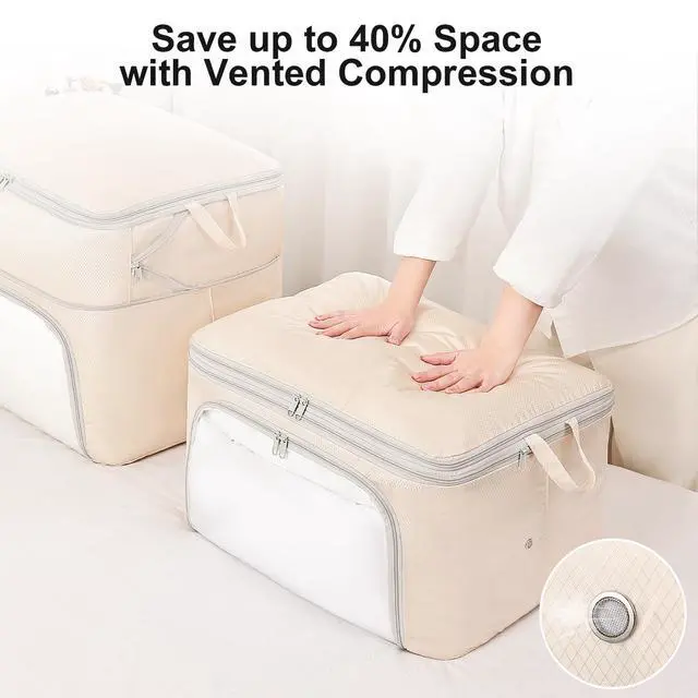 Alt view image 3 of 7 - Bag Large Capacity Blanket Storage Bags Front-opening Ultra Space Saving Self Compression Organizer, Washable Compression Bags for Storage Comforter Blanket, 1 Pack, Beige