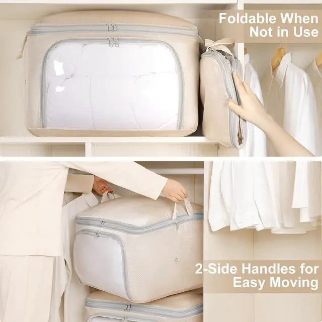 Alt view image 6 of 7 - Bag Large Capacity Blanket Storage Bags Front-opening Ultra Space Saving Self Compression Organizer, Washable Compression Bags for Storage Comforter Blanket, 1 Pack, Beige
