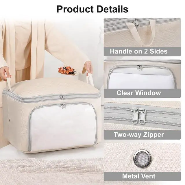 Alt view image 7 of 7 - Bag Large Capacity Blanket Storage Bags Front-opening Ultra Space Saving Self Compression Organizer, Washable Compression Bags for Storage Comforter Blanket, 1 Pack, Beige