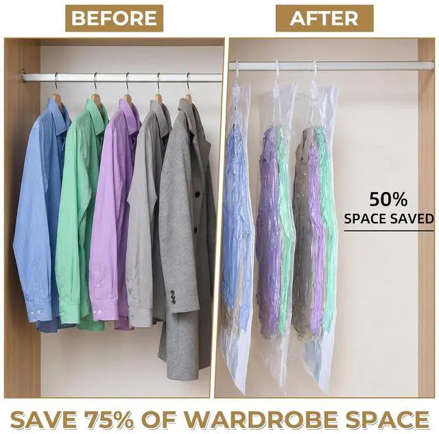 Alt view image 5 of 7 - 6 Pcs Hanging Vacuum Seal Bags for Clothing, Reusable Compressed Space Saver Vacuum Storage Bags 43.3 x27.6 Inch Vacuum Seal Storage Bag for Closet Organizer Suits Dress Coats Jackets, Clear