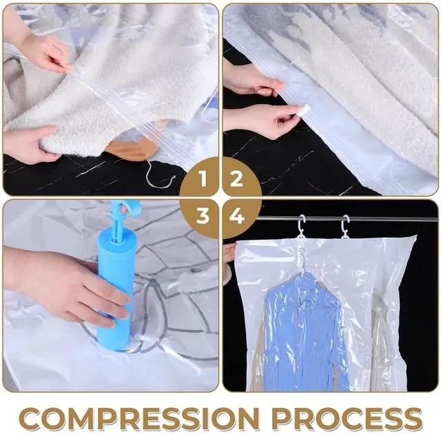 Alt view image 6 of 7 - 6 Pcs Hanging Vacuum Seal Bags for Clothing, Reusable Compressed Space Saver Vacuum Storage Bags 43.3 x27.6 Inch Vacuum Seal Storage Bag for Closet Organizer Suits Dress Coats Jackets, Clear