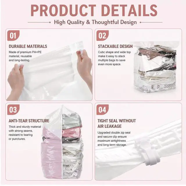 Alt view image 4 of 7 - 8 Pack Vacuum Storage Bags, Large Size(31.5x39.4x11 Inch) Cube Bag, 80% Space Saver Vacuum Seal Bags for Clothing with Vacuums or Hand Press for Clothes, Blankets, Baby Clothes, Home Travel Essentials