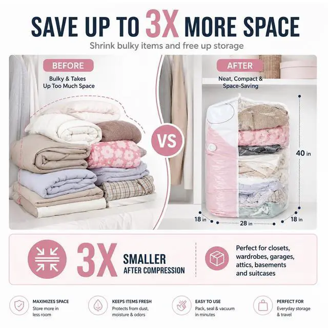Alt view image 5 of 7 - 8 Pack Vacuum Storage Bags, Large Size(31.5x39.4x11 Inch) Cube Bag, 80% Space Saver Vacuum Seal Bags for Clothing with Vacuums or Hand Press for Clothes, Blankets, Baby Clothes, Home Travel Essentials