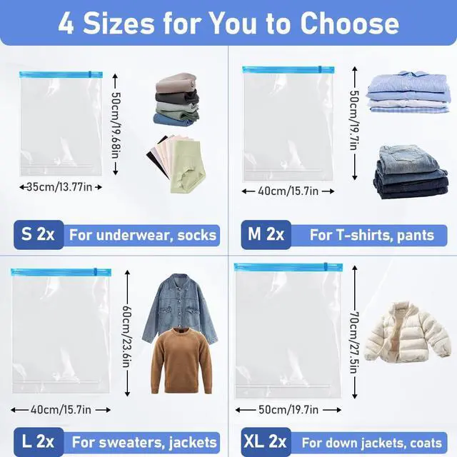 Alt view image 2 of 7 - Vacuum Seal Bags for Clothing 8 Pack, Roll-Up Compression, No Need for Machine or Pump, Space Saver Vacuum Storage Bags for Travel Clothes, Compression Packing Cubes for Luggage and Suitcase