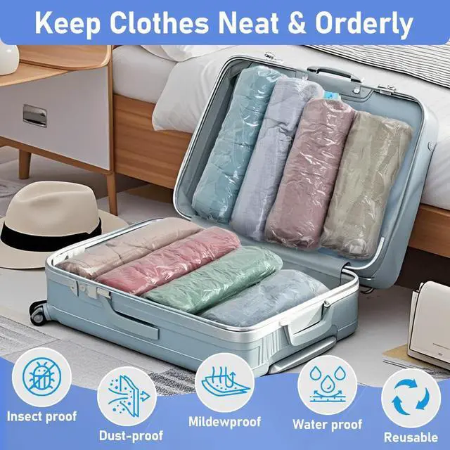 Alt view image 4 of 7 - Vacuum Seal Bags for Clothing 8 Pack, Roll-Up Compression, No Need for Machine or Pump, Space Saver Vacuum Storage Bags for Travel Clothes, Compression Packing Cubes for Luggage and Suitcase