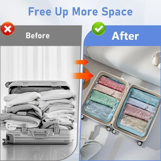 Alt view image 5 of 7 - Vacuum Seal Bags for Clothing 8 Pack, Roll-Up Compression, No Need for Machine or Pump, Space Saver Vacuum Storage Bags for Travel Clothes, Compression Packing Cubes for Luggage and Suitcase