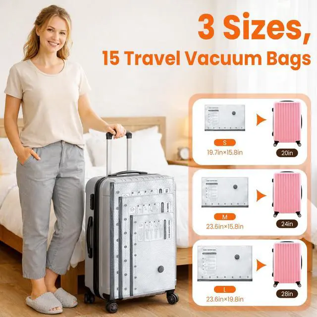 Alt view image 4 of 7 - Vacuum Storage Bags for Travel with Cordless Pump, 15 Pack Vacuum Seal Bags for Clothing, 85% Space Saver Bags for Luggage, Blankets, Ideal for Home, Seasonal Storage, Compression Packing for Vacation