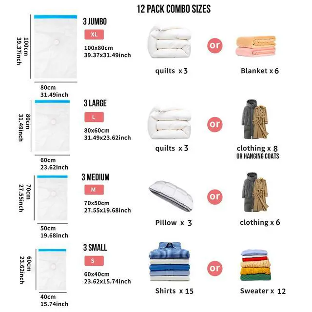 Alt view image 2 of 7 - Reusable Vacuum Storage Bags with Electric Pump, Vacuum Bags for Travel & Home Storage, Vacuum Seal Bags for Clothing, Bedding, Blankets, Suitcase Organiser,12 Pack Combo (3Jumbo/3Large/3Med/3Small)