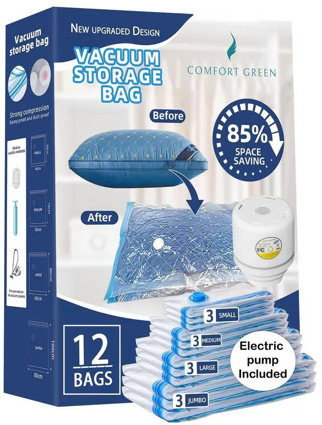Main image of Reusable Vacuum Storage Bags with Electric Pump, Vacuum Bags for Travel & Home Storage, Vacuum Seal Bags for Clothing, Bedding, Blankets, Suitcase Organiser,12 Pack Combo (3Jumbo/3Large/3Med/3Small)