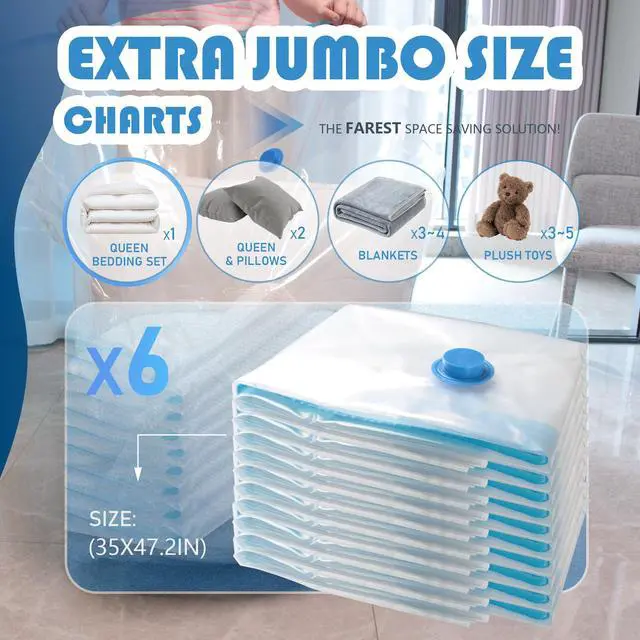 Alt view image 2 of 7 - 6 Pack XXL Jumbo Vacuum Storage Bags with Electric Air Pump, Space Saver Bags,Compression for Comforters and Blankets,Duvets,Pillows,Travel(47.2x35 in)