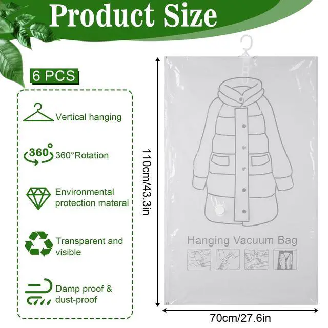 Alt view image 2 of 7 - 6 Pack Hanging Vacuum Storage Bag, 43.3 x 27.6 inch Hanging Vacuum Sealer Storage Space Saver Bags, Reusable Space Saver Bags, for Suits, Dress, Jackets, Clear