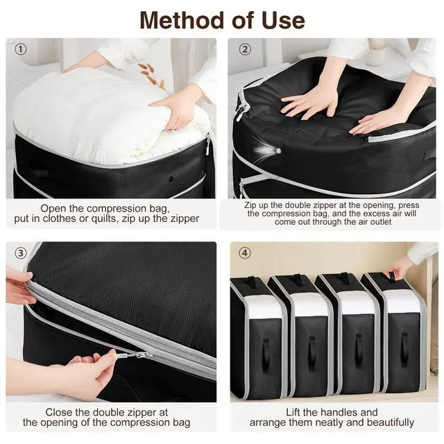 Alt view image 4 of 7 - 4 Pack Compression Storage Bags - 110L Large Capacity Comforter Storage Bag, 3-Layer Washable Ultra Space Saving Self Compression Organizer Space Bags for Blanket, Sweater, Sheet, Black