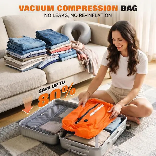 Alt view image 2 of 7 - Vacuum Travel Bags With 5500Pa Wired Pump, Vacuum Luggage Bags for Clothes, Compression Bags for Travel, IP68 Waterproof Space Saver Packing Cubes for Suitcase, Backpack & Home Storage (2 Pack + Pump)