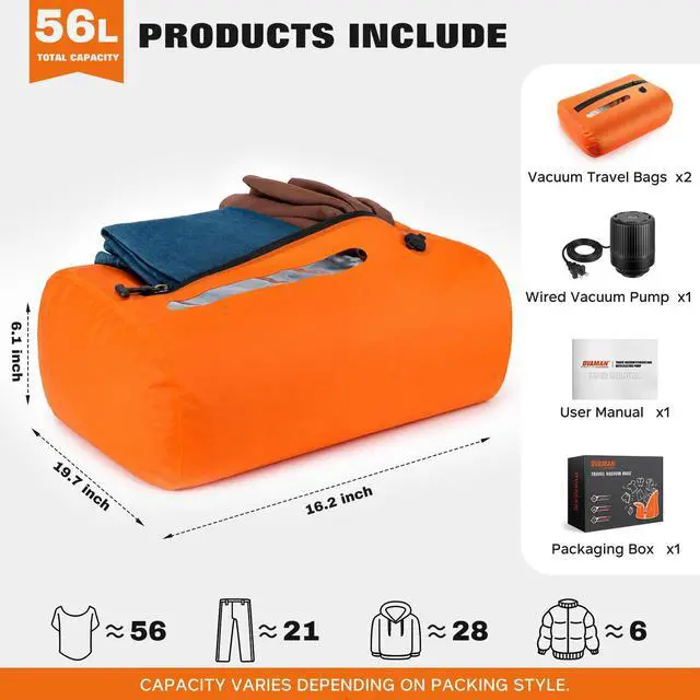 Alt view image 6 of 7 - Vacuum Travel Bags With 5500Pa Wired Pump, Vacuum Luggage Bags for Clothes, Compression Bags for Travel, IP68 Waterproof Space Saver Packing Cubes for Suitcase, Backpack & Home Storage (2 Pack + Pump)