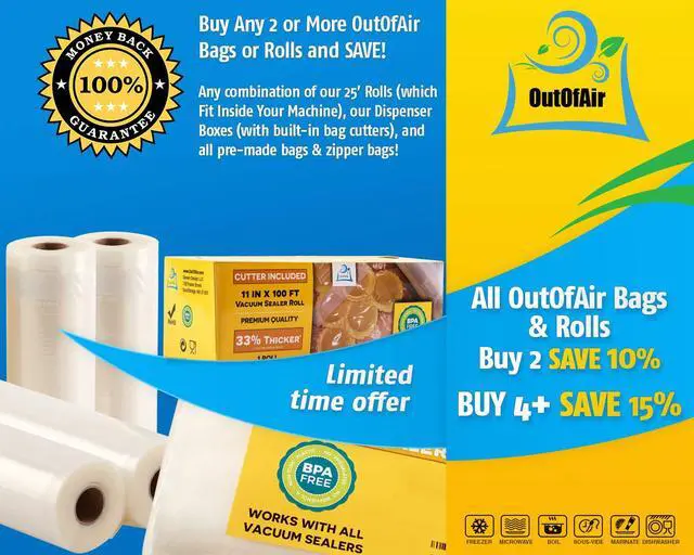 Alt view image 6 of 7 - 11" x 100' Vacuum Sealer Bags Rolls & Dispenser Cutter Box - BPA Free, 4 mil thick - Great for Sous Vide - Works with Food Saver Machines