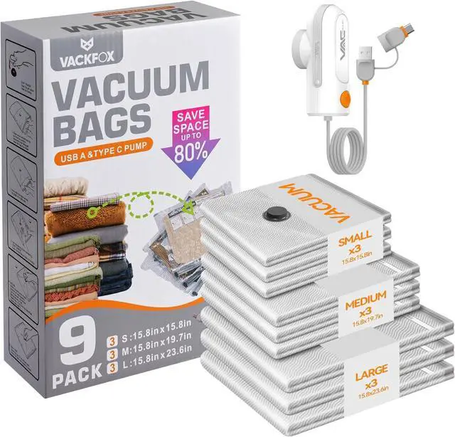 Main image of Travel Vacuum Bags with USB & TYPE C Pump, 9 Pack Carry-On Vacuum Storage Bags for Luggage & Suitcase, Vacuum Luggage Bags, Space Saver for Clothes & Travel(Grey)