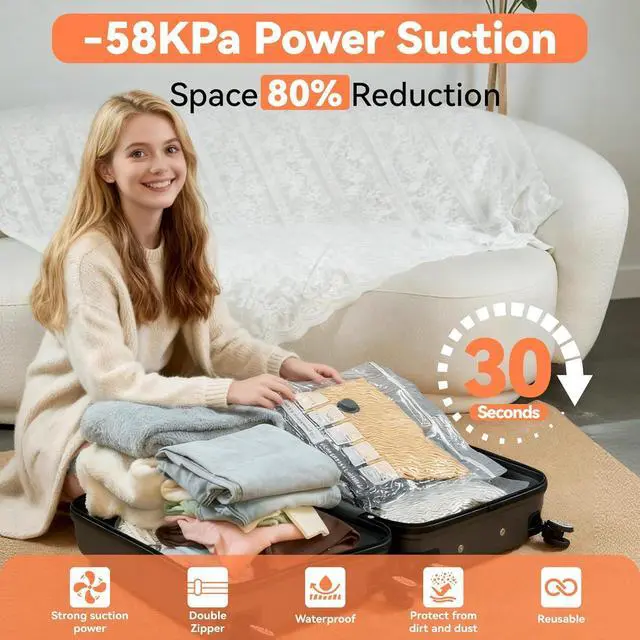 Alt view image 4 of 7 - Travel Vacuum Bags with USB & TYPE C Pump, 9 Pack Carry-On Vacuum Storage Bags for Luggage & Suitcase, Vacuum Luggage Bags, Space Saver for Clothes & Travel(Grey)