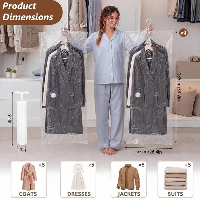 Alt view image 2 of 7 - 5 Pack Hanging Vacuum Storage Bags for Clothing Compression Bags with Hand Pump Clear Reusable Hanging Vacuum Seal Storage for Coats Closet Organizer (4 Long)