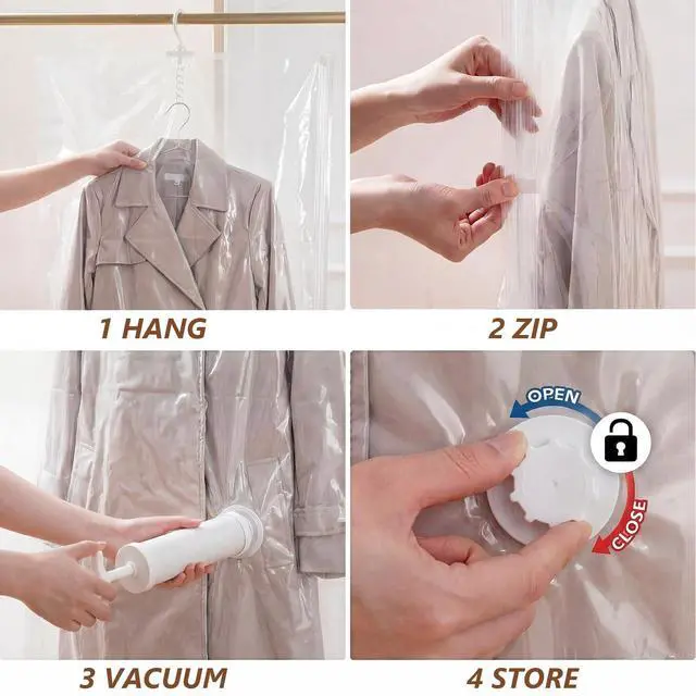 Alt view image 6 of 7 - 5 Pack Hanging Vacuum Storage Bags for Clothing Compression Bags with Hand Pump Clear Reusable Hanging Vacuum Seal Storage for Coats Closet Organizer (4 Long)