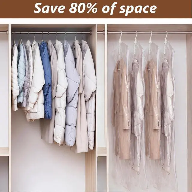 Alt view image 5 of 7 - 5 Pack Hanging Vacuum Storage Bags for Clothing Compression Bags with Hand Pump Clear Reusable Hanging Vacuum Seal Storage for Coats Closet Organizer (4 Long)