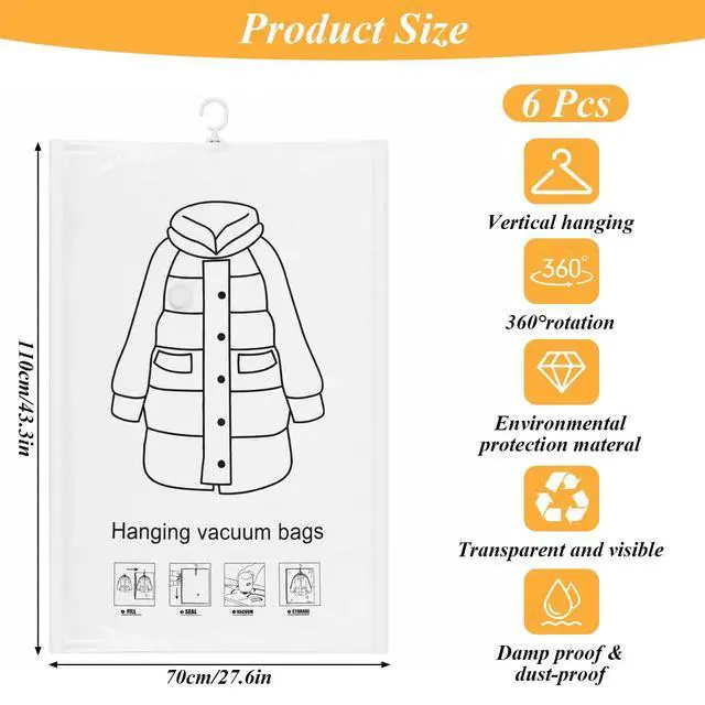 Alt view image 2 of 7 - 6 Pack Hanging Vacuum Storage Bags for Clothes,43 x 27 inch Reusable Vacuum