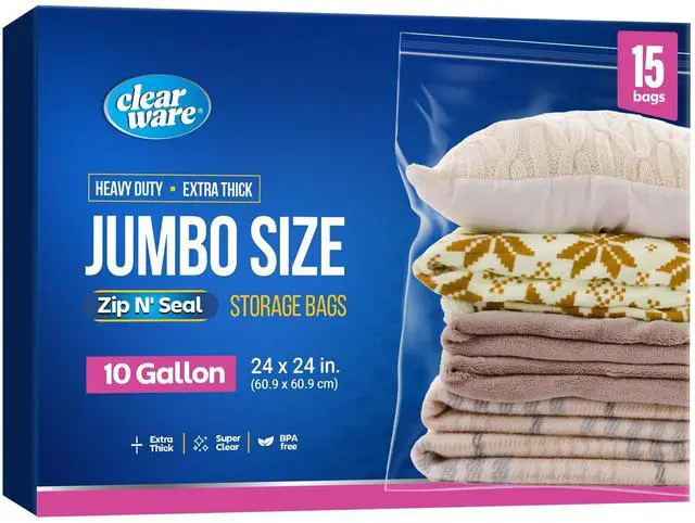 Main image of 15 Count - Large Storage Bags With Zipper Top, 10 Gallon Size 24" x 24", Extra Large Plastic, For Clothes, Travel, Moving, BPA-Free, Heavy Duty 3-Mil Thick